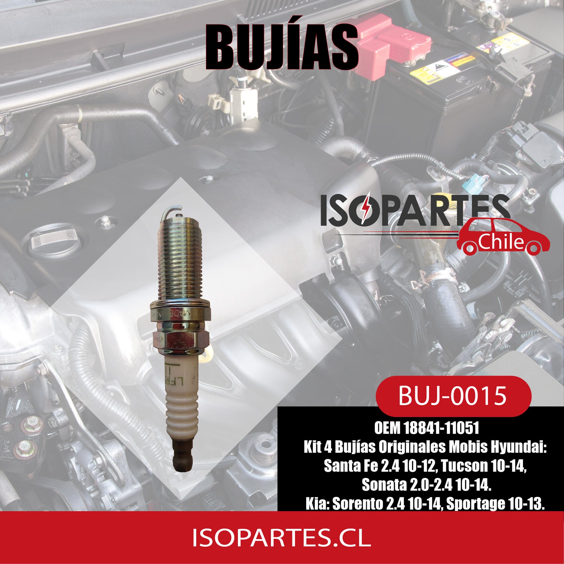 4 Bujías Original Hyundai Santa Fe, Tucson, Sonata. Kia Sorento, Spotage - Isopartes