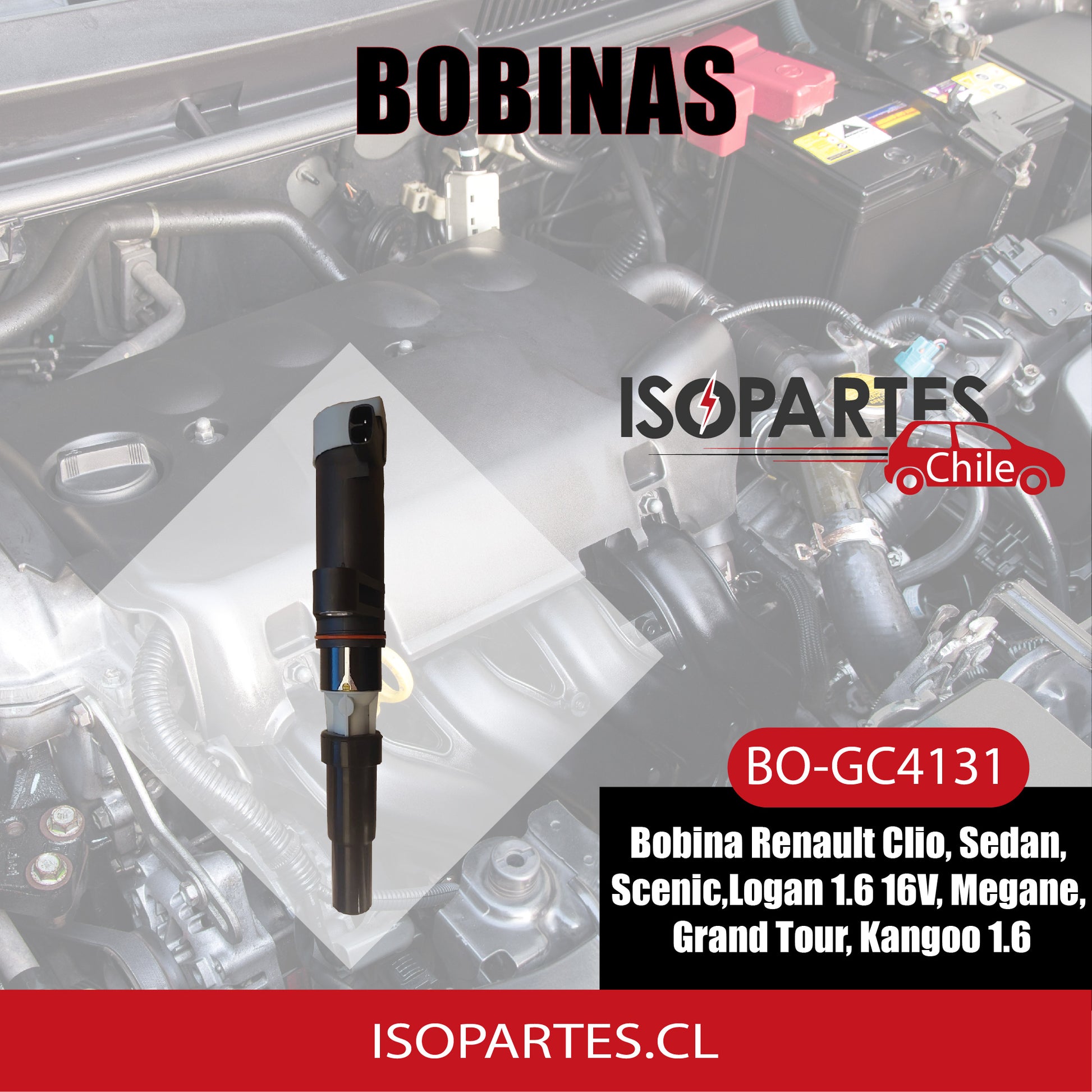 Bobina Renault Clio, Sedan, Logan 1.6 6v, Megane, Kangoo 1.6, Nissan - Isopartes